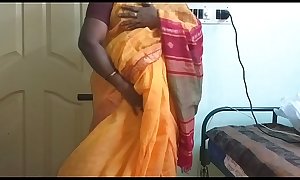 desi  indian horny tamil telugu kannada malayalam hindi cheating wife vanitha wearing orange colour saree  showing big boobs and shaved pussy press hard boobs press nip rubbing pussy masturbation