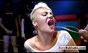 Short haired beauty gets pissed and drilled hard by group of men