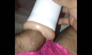Wearing my wife's pink lace panties using a masturbator