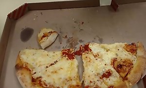 Gay slut cums on pizza