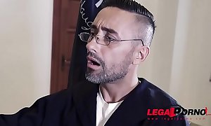 Sexy lawyer Helena Valentine negotiates DP at court with horny babe Aisha GP362
