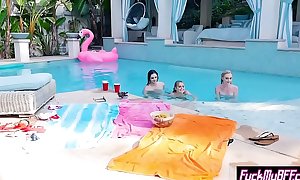 Cute skinny teens enjoyed in a lesbian sex near a pool
