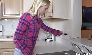 Cute legal age teenager tugjob in the kitchen