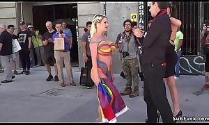 Huge tits blonde body painted in public